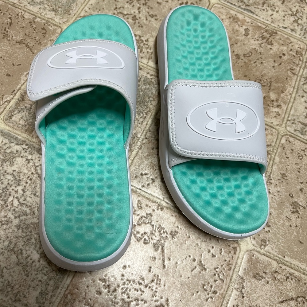 Under Armour Aqua and White Slides